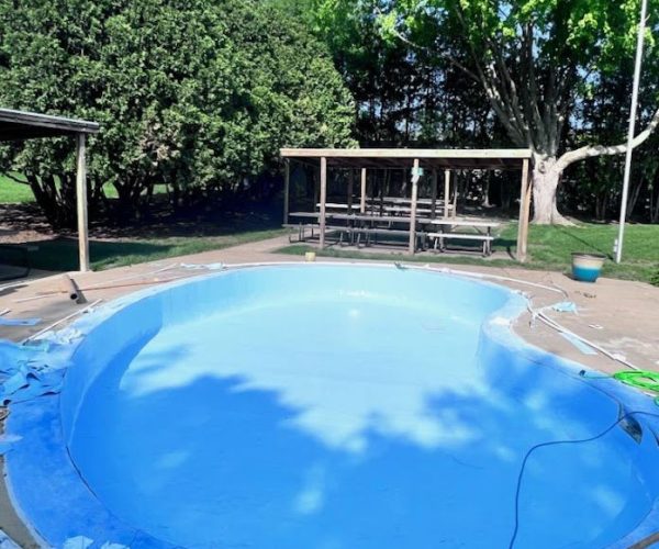 60-mil PVC pool liner installed in a bean-shaped pool.